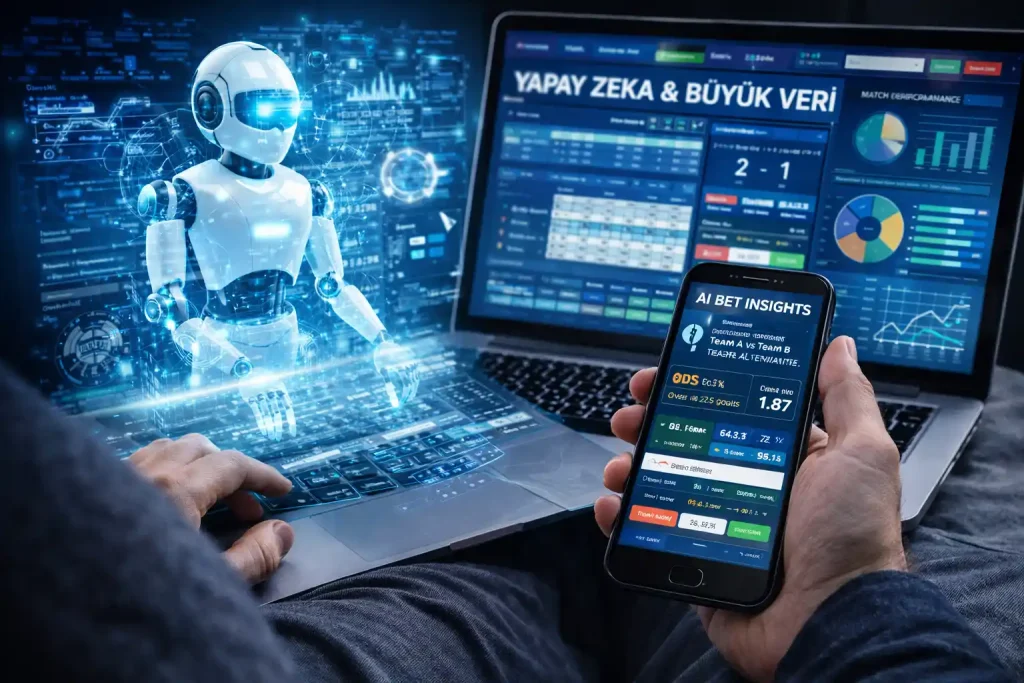 Spor bahislerinde yapay zekâ ve büyük veri: AI destekli tahminler, canlı oranlar ve gelişmiş istatistik panellerini gösteren modern analiz ortamı