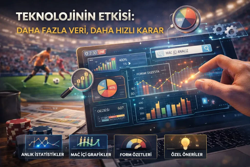 2026 bahis trendlerinde teknolojinin etkisini gösteren görsel; canlı maç verileri, anlık istatistikler, form özetleri ve grafiklerle desteklenen veri odaklı bahis analizi